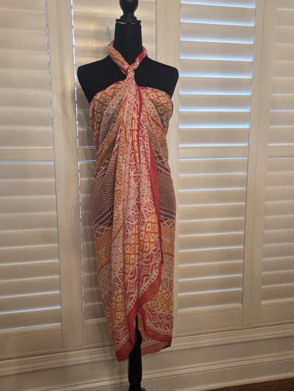 Geometric Print Halter Beach Cover-Up - Coral, Orange, White
